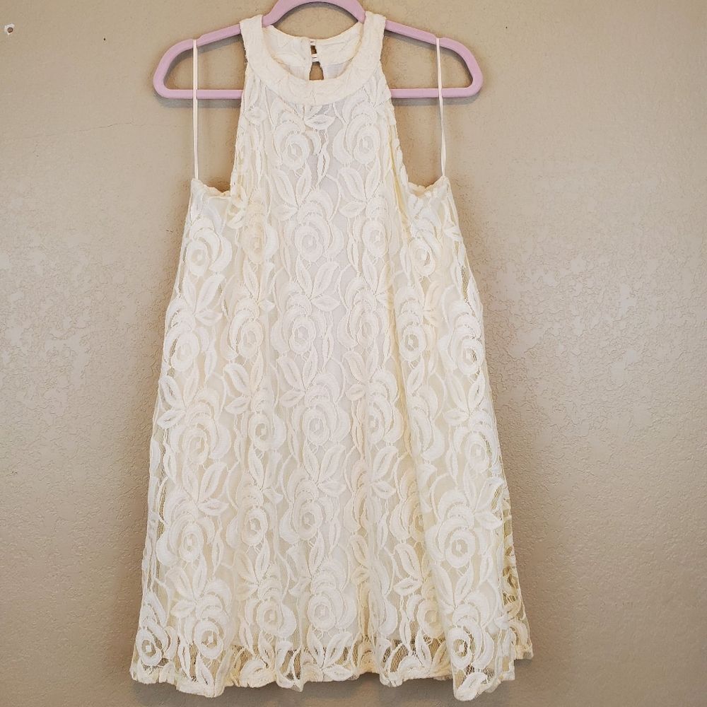 Altar'd State Cream Floral Lace High Neck Halter Tunic Swing Lined Mini Dress